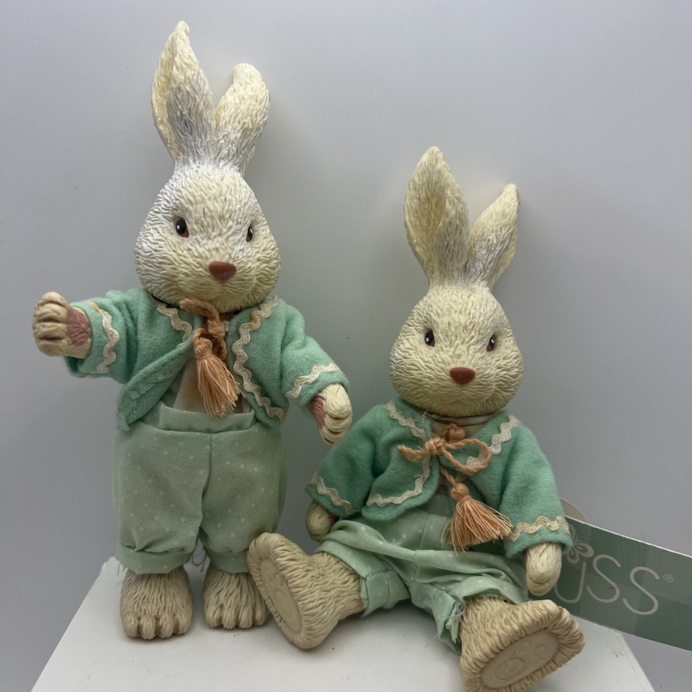 Vintage Russ Berrie Sweet Delights Resin Easter Bunny Figurine Set of 2 Dressed